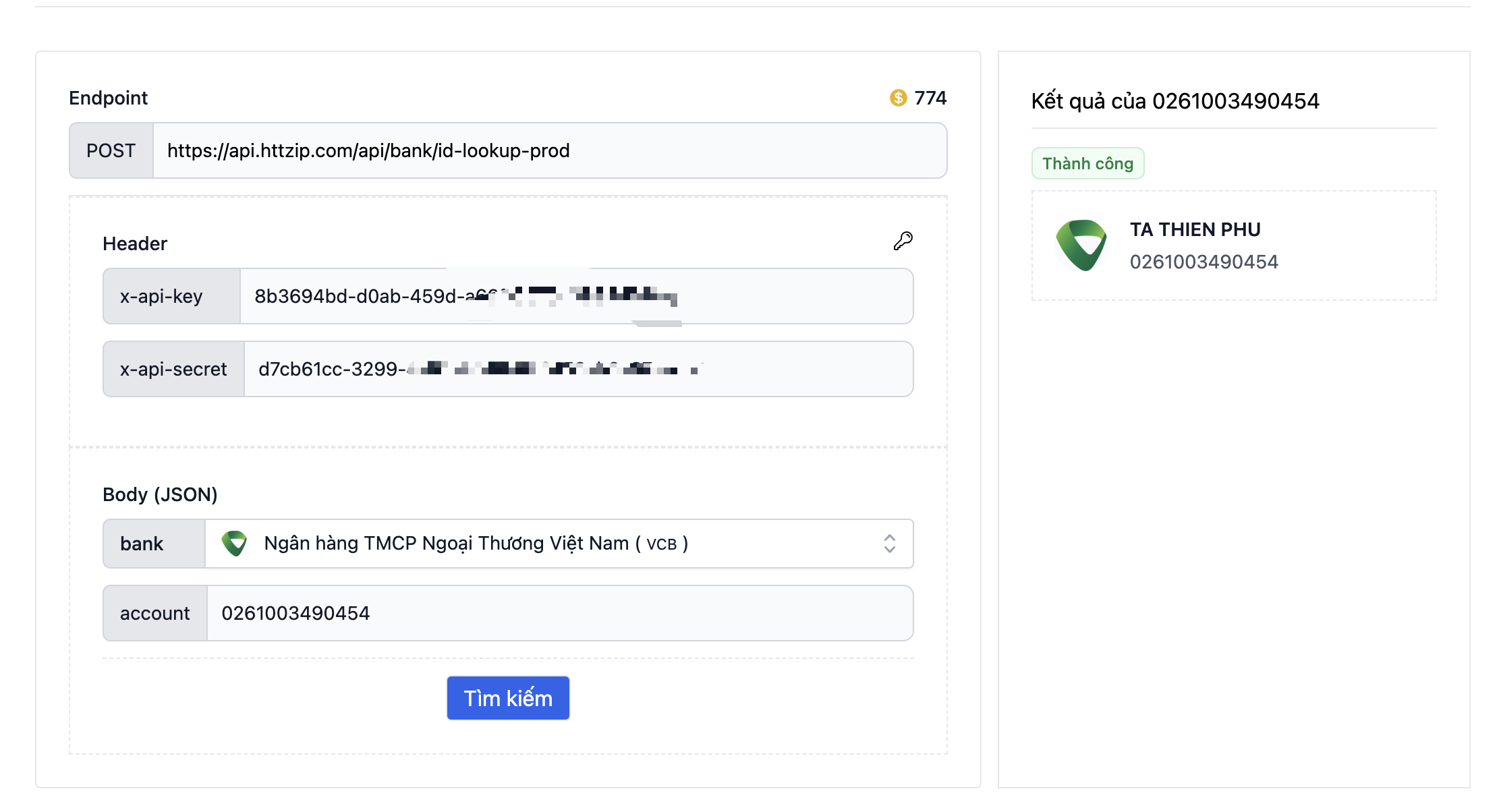 Hướng dẫn tích hợp API Tra cứu tài khoản